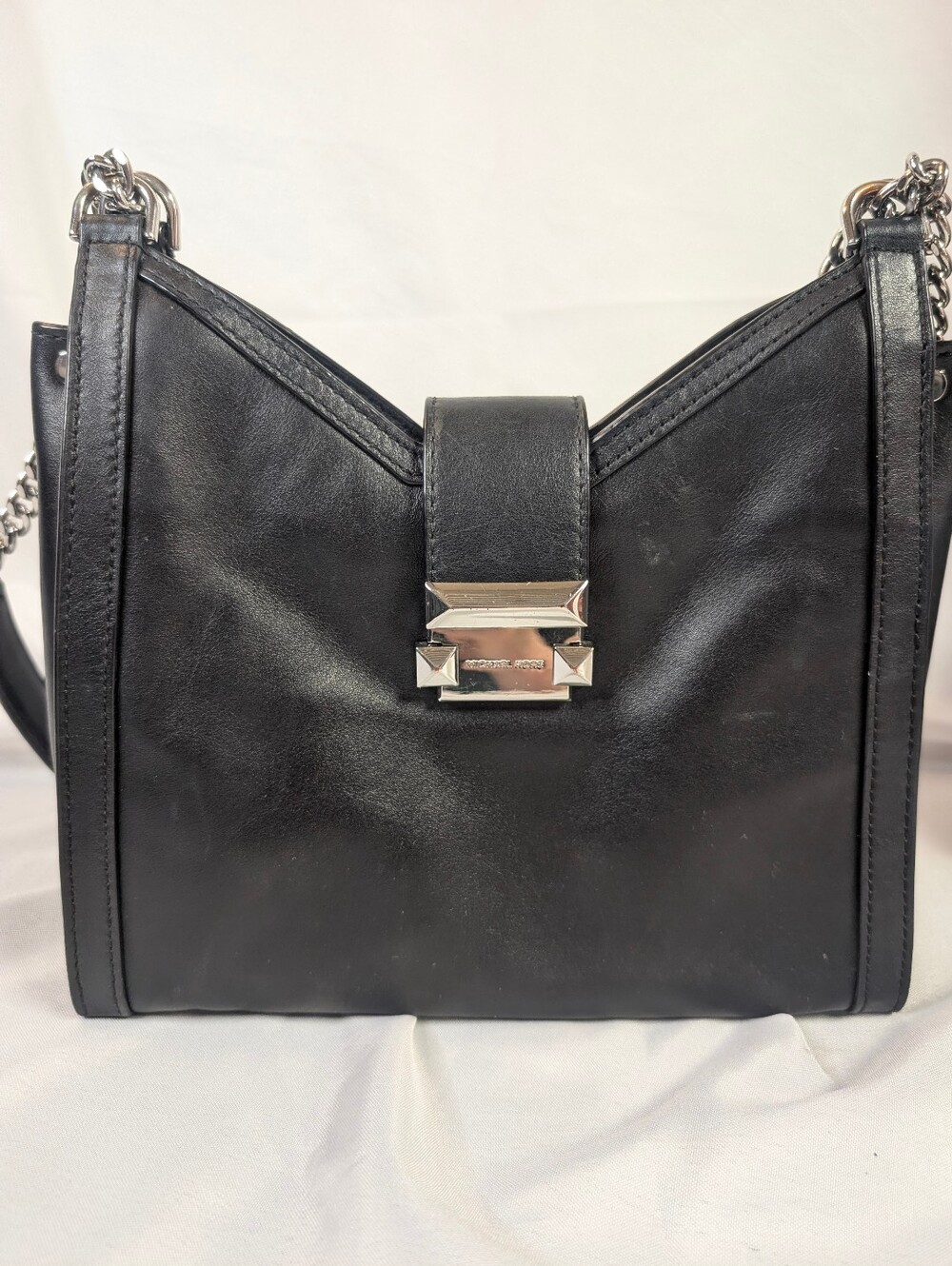 Michael Kors Black Leather Shoulder Bag with Silver Hardware